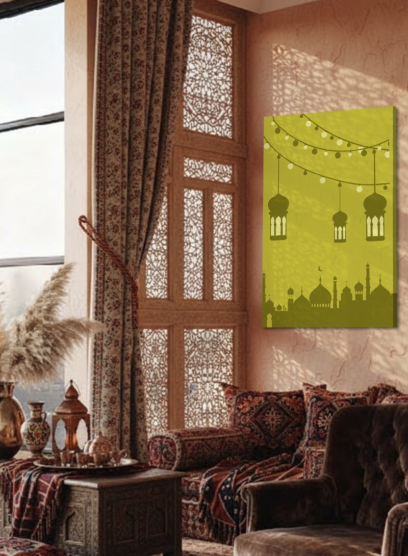 لوحة كانفاس على إطار خشبي بتصميم إسلامي مع زينة وفوانيس رمضان - Image 2